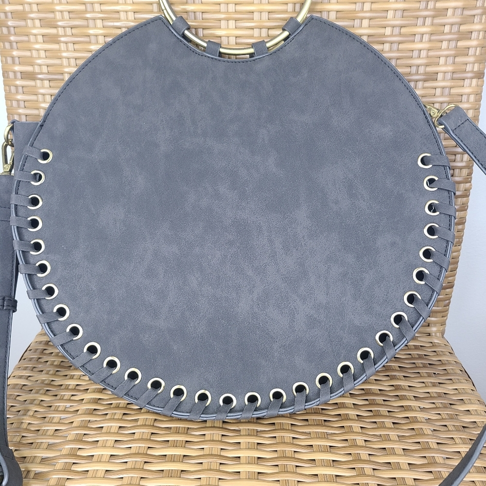 Anthropologie Bag Marla Circle Whipstitched Gray Body Brass Hardware Boho Large - Picture 2 of 14